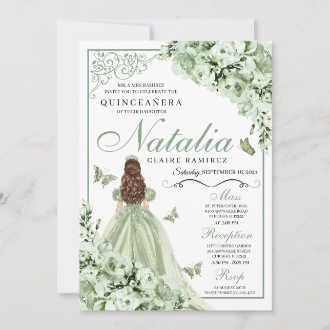 Invitación Mariposas Florales Sage Green Quinceanera (Anverso)