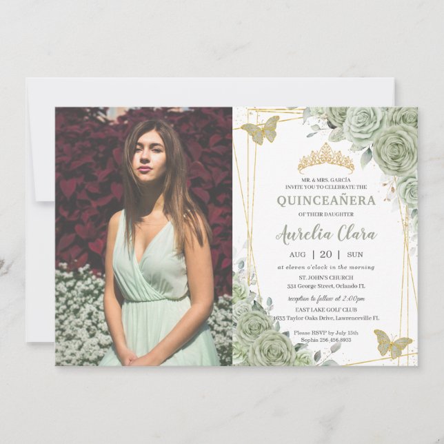 Invitación Mariposas Florales Sage Green Quinceañera Foto (Anverso)