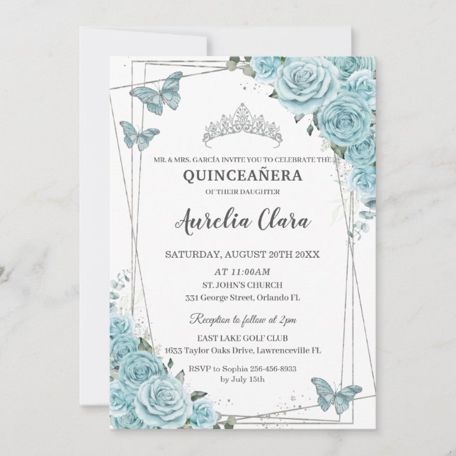 Invitación Mariposas Florales Turquesas Plata Quinceañera (Anverso)
