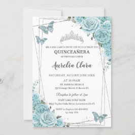 Invitación Mariposas Florales Turquesas Plata Quinceañera