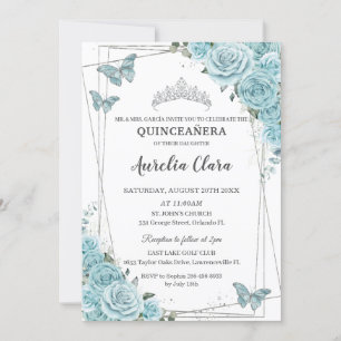 Invitación Mariposas Florales Turquesas Plata Quinceañera