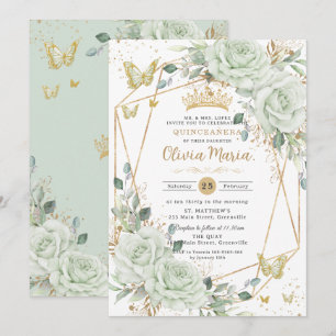 Invitación Mariposas Florales Verde Salvia Quinceañera Quince