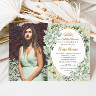 Invitación Mariposas Florales Vintage Green Quinceañera