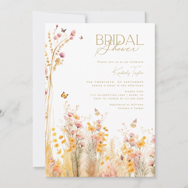 Invitación Mariposas Flores silvestres Jardín Ducha de novias (Anverso)