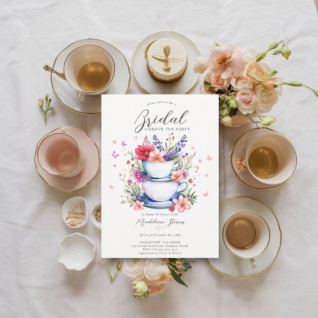 Invitación Mariposas Flores silvestres Jardín Tea Bridal Duch (bridal garden tea party invitation wildflowers butterflies tea set elegant boho romantic)