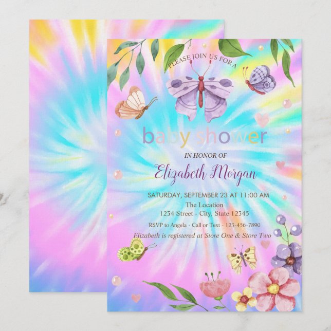 Invitación  Mariposas Flores Tie Dye Shower de Bebé  (Anverso / Reverso)