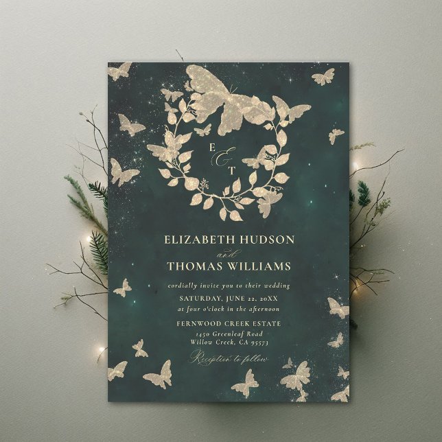 Invitación Mariposas forestales encantadas Boda verde esmeral (Enchanted Forest Emerald Green Greenery Crest Butterflies Gold Modern Calligraphy Wedding Invitation)