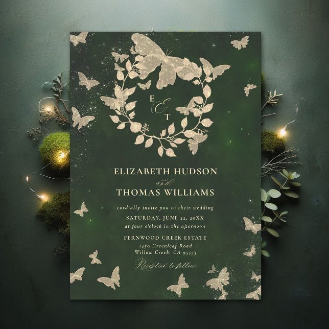 Invitación Mariposas forestales encantadas cazan Boda verde (Enchanted Forest Hunter Green Greenery Crest Butterflies Gold Modern Calligraphy Wedding Invitation)