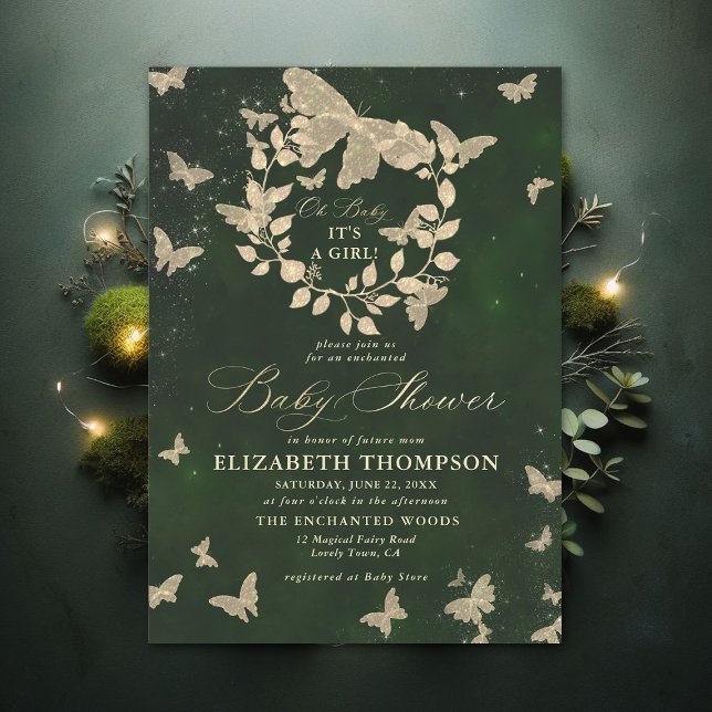 Invitación Mariposas forestales encantadas Foliage Baby Showe (Enchanted Forest Hunter Green Greenery Butterflies Modern Calligraphy Baby Shower Invitation)