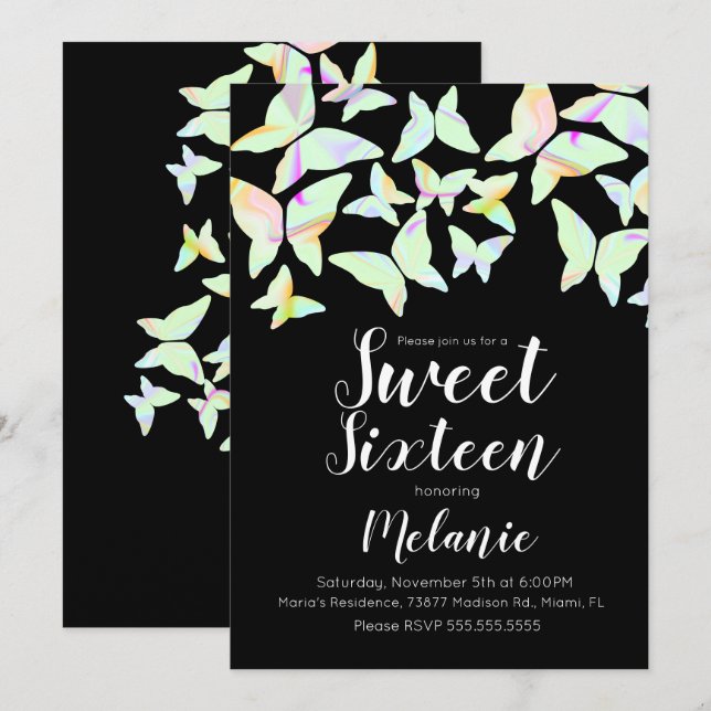 Invitación Mariposas holográficas Cumpleaños dulce dieciséis  (Anverso / Reverso)