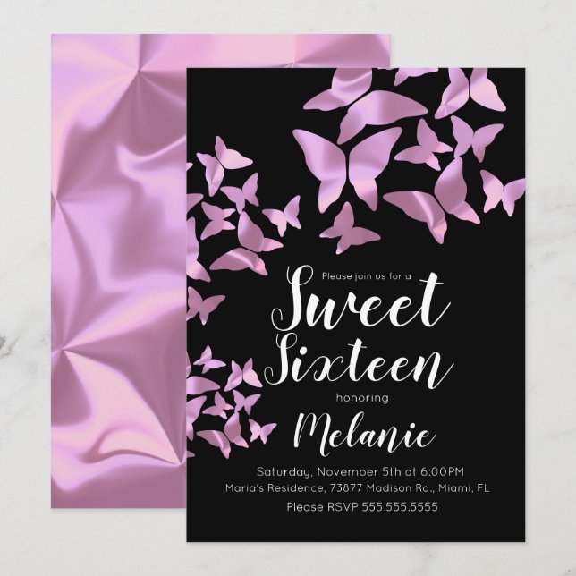 Invitación Mariposas holográficas Fiesta de Dulces Dieciséis  (Anverso / Reverso)
