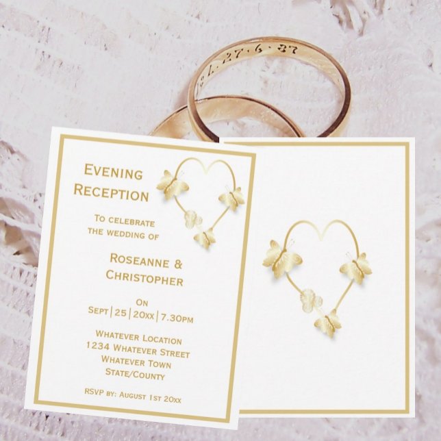 Invitación Mariposas invitadas a la recepción de la boda de o (Gold wedding evening reception invitation butterflies heart design)