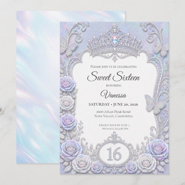 Invitación Mariposas Iridescentes Elegantes Cumpleaños 16 (Anverso / Reverso)