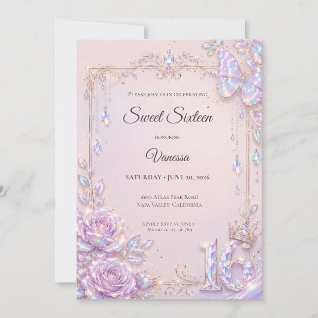 Invitación Mariposas Iridescentes Elegantes Dulces 16 (Anverso)