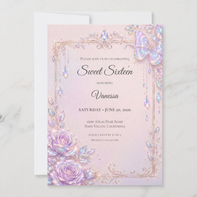 Invitación Mariposas Iridescentes Elegantes Dulces 16 (Anverso)