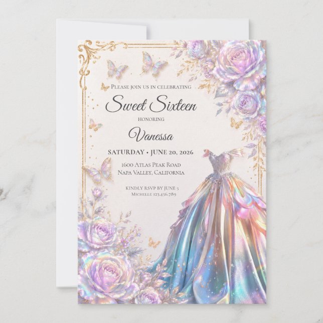 Invitación Mariposas Iridescentes Elegantes Dulces 16 (Anverso)