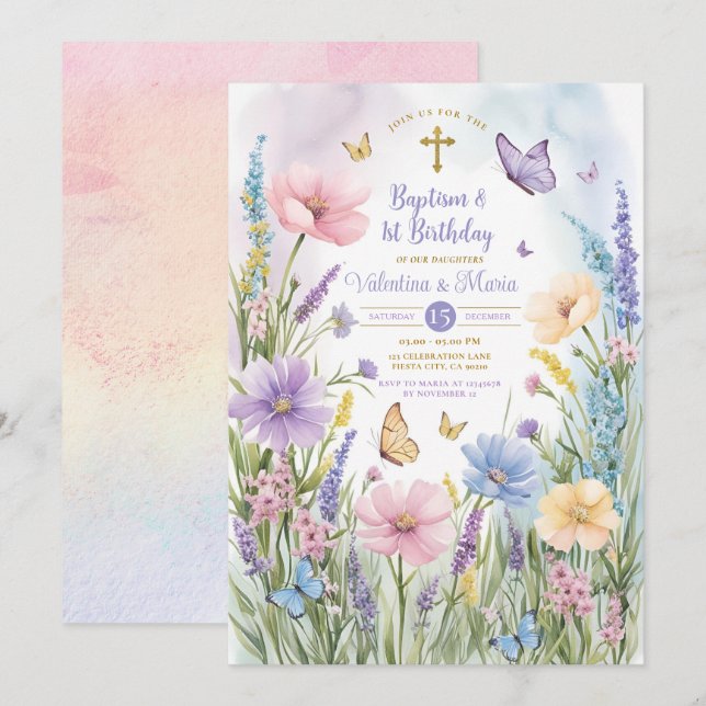 Invitación Mariposas Jardín Bautismo Twin y Primer Cumpleaños (Anverso / Reverso)