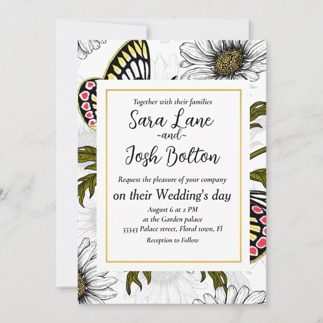 Invitación Mariposas Jezebel y flores de margarita en blanco (Anverso)