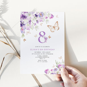 Invitación Mariposas Lila Púrpura cumpleaños 8