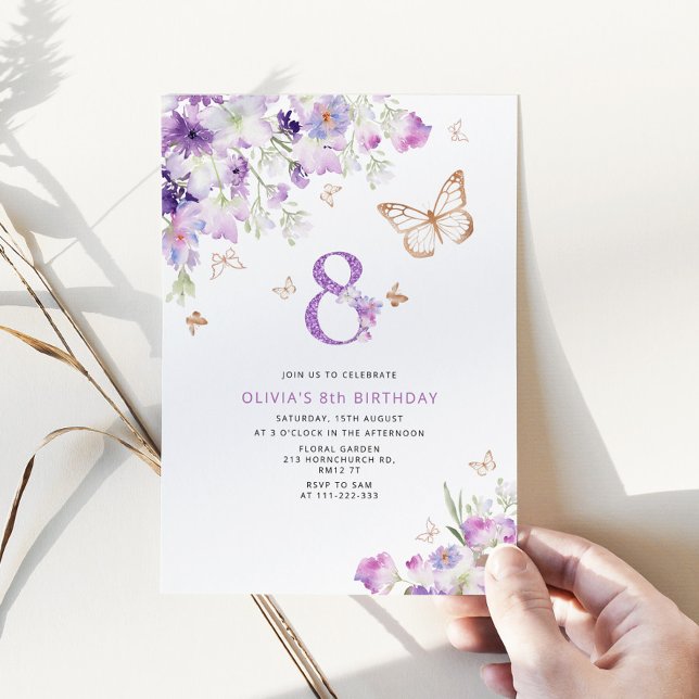 Invitación Mariposas Lila Púrpura cumpleaños 8 (Subido por el creador)