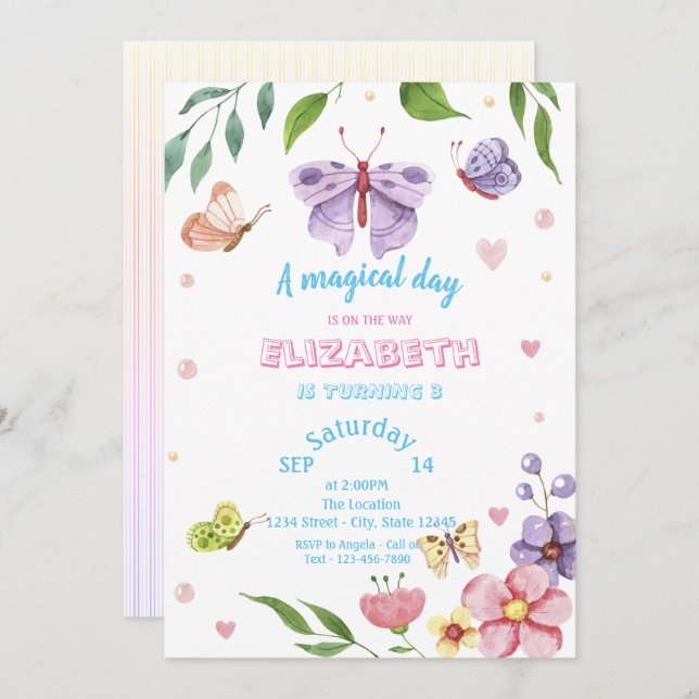 Invitación Mariposas mágicas a rayas Cumpleaños (Anverso / Reverso)