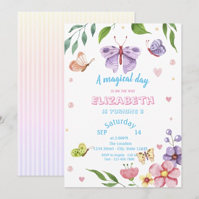 Invitación Mariposas Mágicas Cumpleaños Rayado  (Anverso / Reverso)