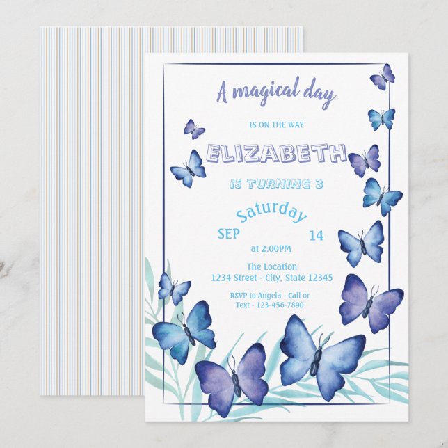Invitación Mariposas mágicas de corte a rayas Cumpleaños (Anverso / Reverso)