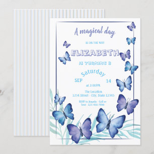 Invitación Mariposas mágicas de corte a rayas Cumpleaños