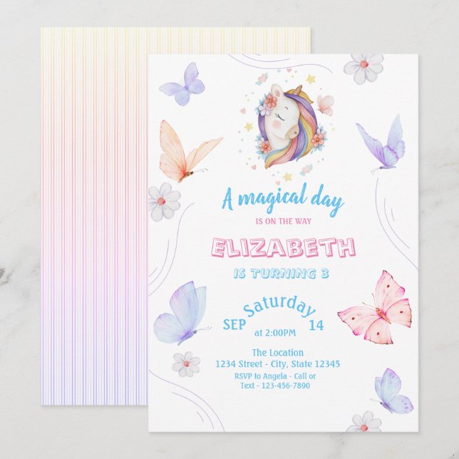 Invitación Mariposas Magnunornianas a rayas cumpleaños (Anverso / Reverso)