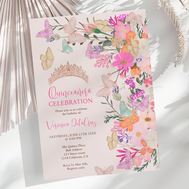 Invitación Mariposas moda flores silvestres primavera quincea (Butterflies chic wildflowers spring quinceanera invitation)