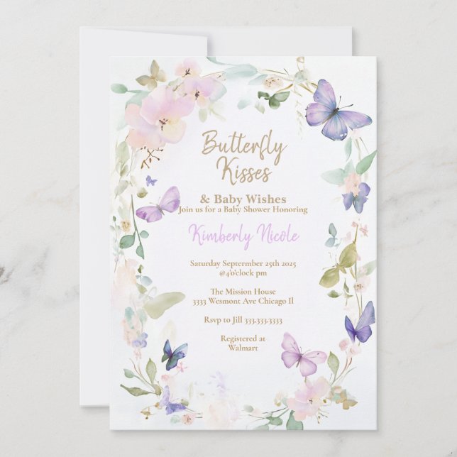 Invitación Mariposas moradas, bebé, ducha de bebé (Anverso)