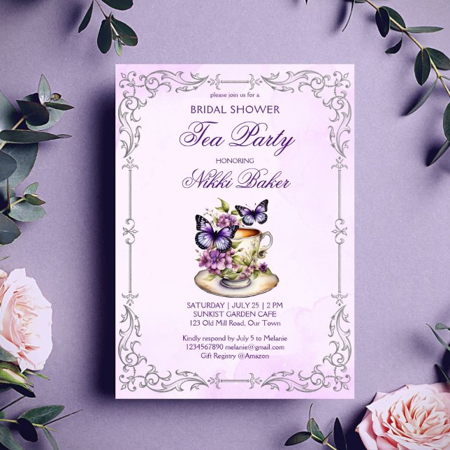 Invitación Mariposas moradas fiesta de té de novia victoriano (Purple butterflies vintage silver border Victorian bridal shower tea party Invitation template)