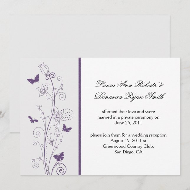 Invitación Mariposas Moradas Flores en Gris Post Boda (Anverso / Reverso)