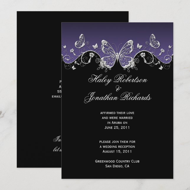 Invitación Mariposas Moradas Negras Plateadas Post Boda (Anverso / Reverso)