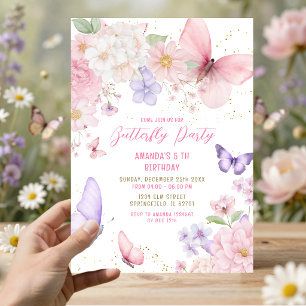 Invitación Mariposas Moradas Rosadas A La Acuarela Cumpleaños