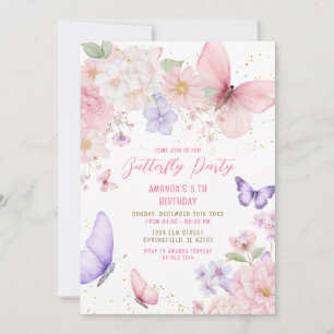 Invitación Mariposas Moradas Rosadas A La Acuarela Cumpleaños