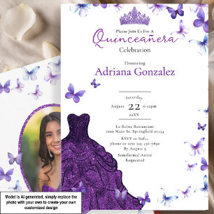 Invitación Mariposas Moradas Vestido Foto 15 XV Quinceañera