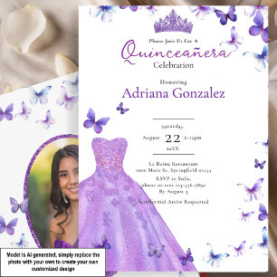 Invitación Mariposas Moradas Vestido Foto 15 XV Quinceañera