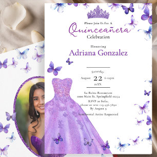 Invitación Mariposas Moradas Vestido Foto 15 XV Quinceañera