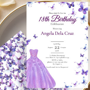 Invitación Mariposas Moradas Y Vestido Debut Cumpleaños 18