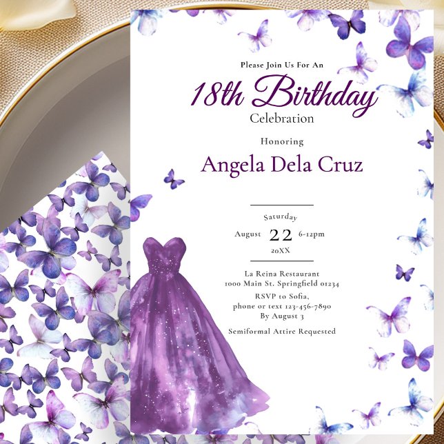 Invitación Mariposas Moradas Y Vestido Debut Cumpleaños 18 (Subido por el creador)