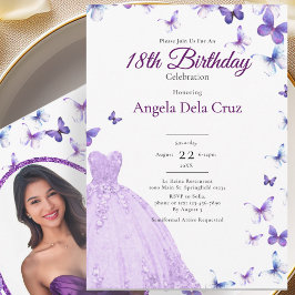 Invitación Mariposas Moradas Y Vestido Debut Cumpleaños 18