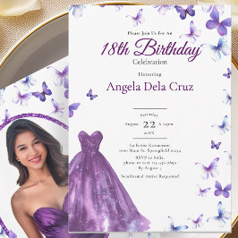 Invitación Mariposas Moradas Y Vestido Debut Cumpleaños 18