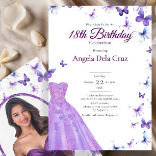 Invitación Mariposas Moradas Y Vestido Debut Cumpleaños 18