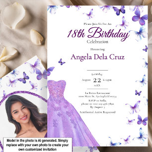 Invitación Mariposas Moradas Y Vestido Debut Cumpleaños 18