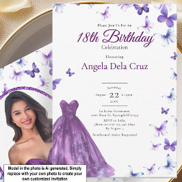 Invitación Mariposas Moradas Y Vestido Debut Cumpleaños 18
