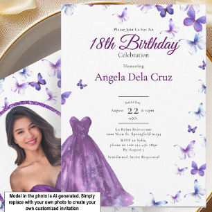 Invitación Mariposas Moradas Y Vestido Debut Cumpleaños 18