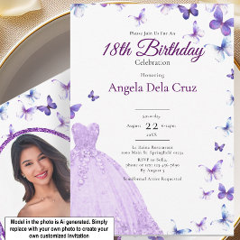 Invitación Mariposas Moradas Y Vestido Debut Cumpleaños 18