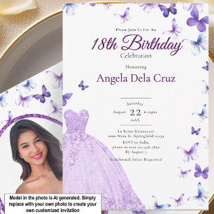 Invitación Mariposas Moradas Y Vestido Debut Cumpleaños 18