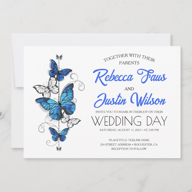 Invitación Mariposas Morfo Monarca Azules y Blancas (Anverso)